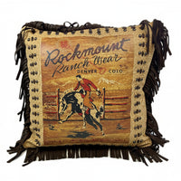 Rockmount Ranch Wear vintage leather fringe western pillow with embroidered western wear cowboy print and horse theme