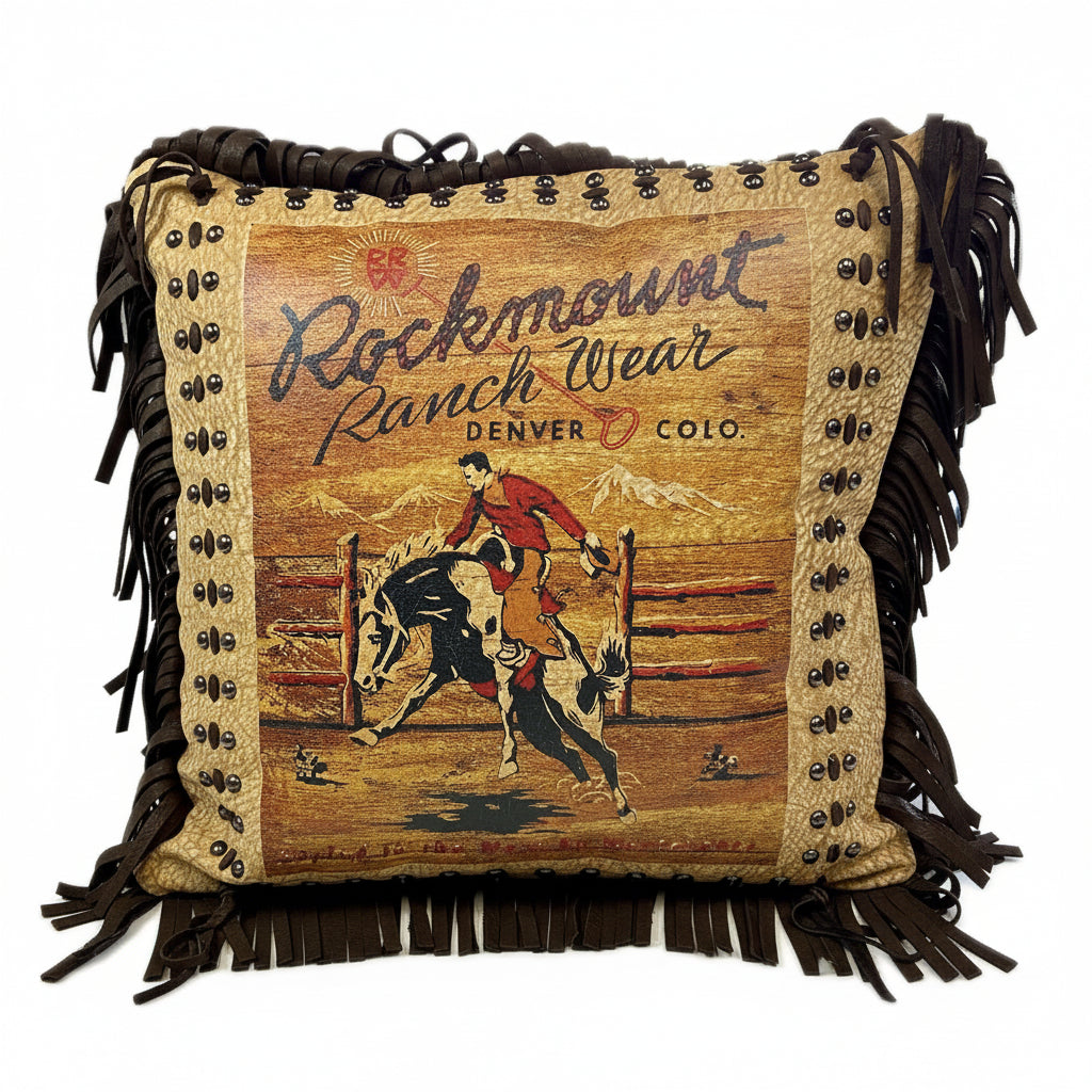 Rockmount Ranch Wear vintage leather fringe western pillow with embroidered western wear cowboy print and horse theme