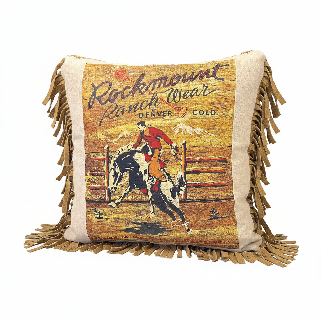 Rockmount Vintage Bronc Leather Fringe Western Pillow by Rockmount Ranch Wear with fringe and western print