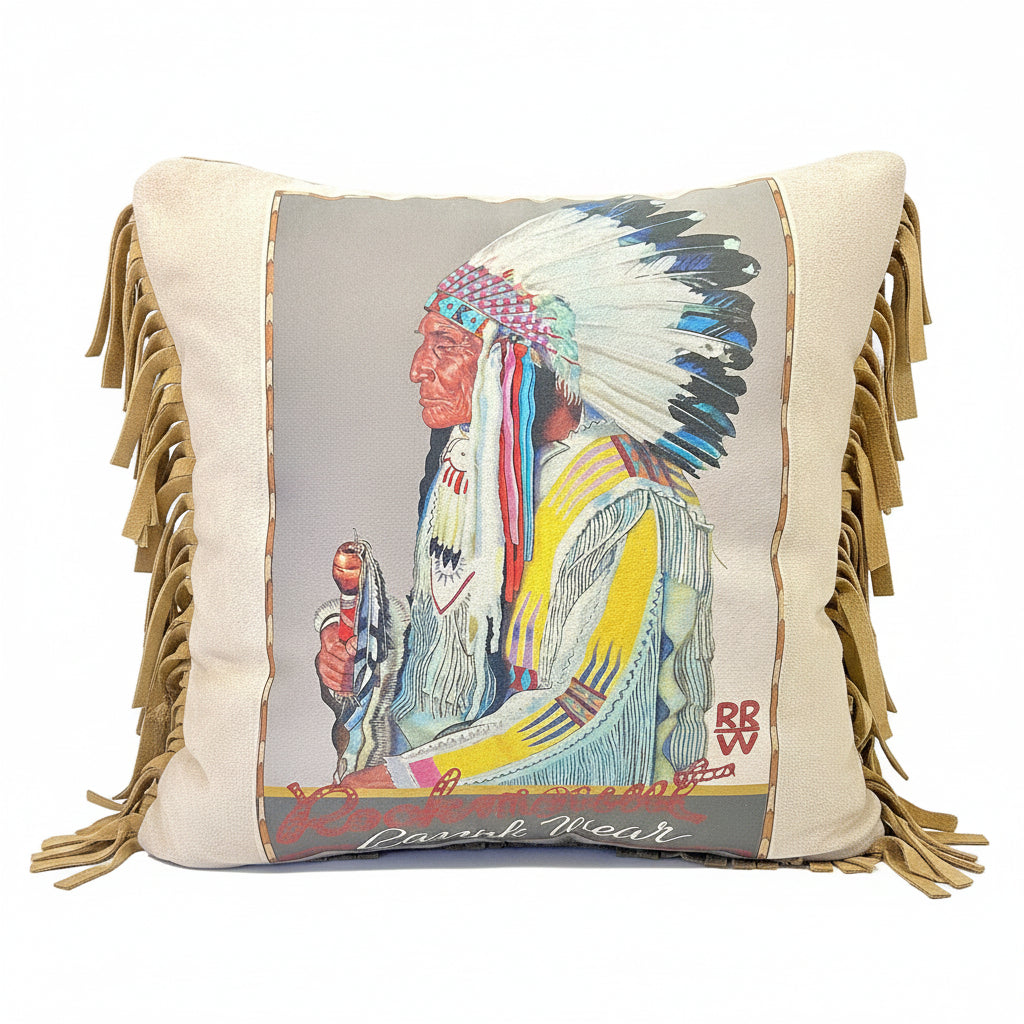 Rockmount Vintage Chief Leather Fringe Western Pillow by Rockmount Ranch Wear with genuine leather fringe and fringe