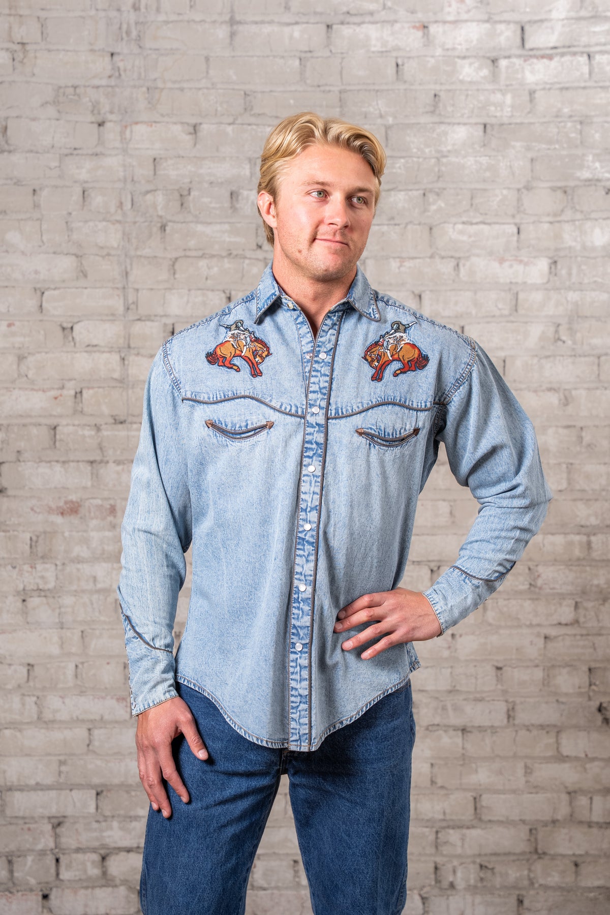 Men's Denim Iconic Bronc Embroidery Western Shirt by Rockmount Ranch Wear, denim western shirt with embroidered bronc