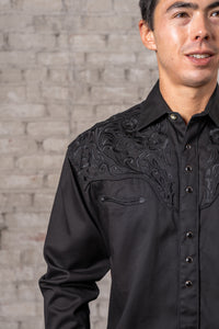 Men's Vintage Black-on-Black Tooling Embroidered Western Shirt by Rockmount Ranch Wear with floral embroidered detail
