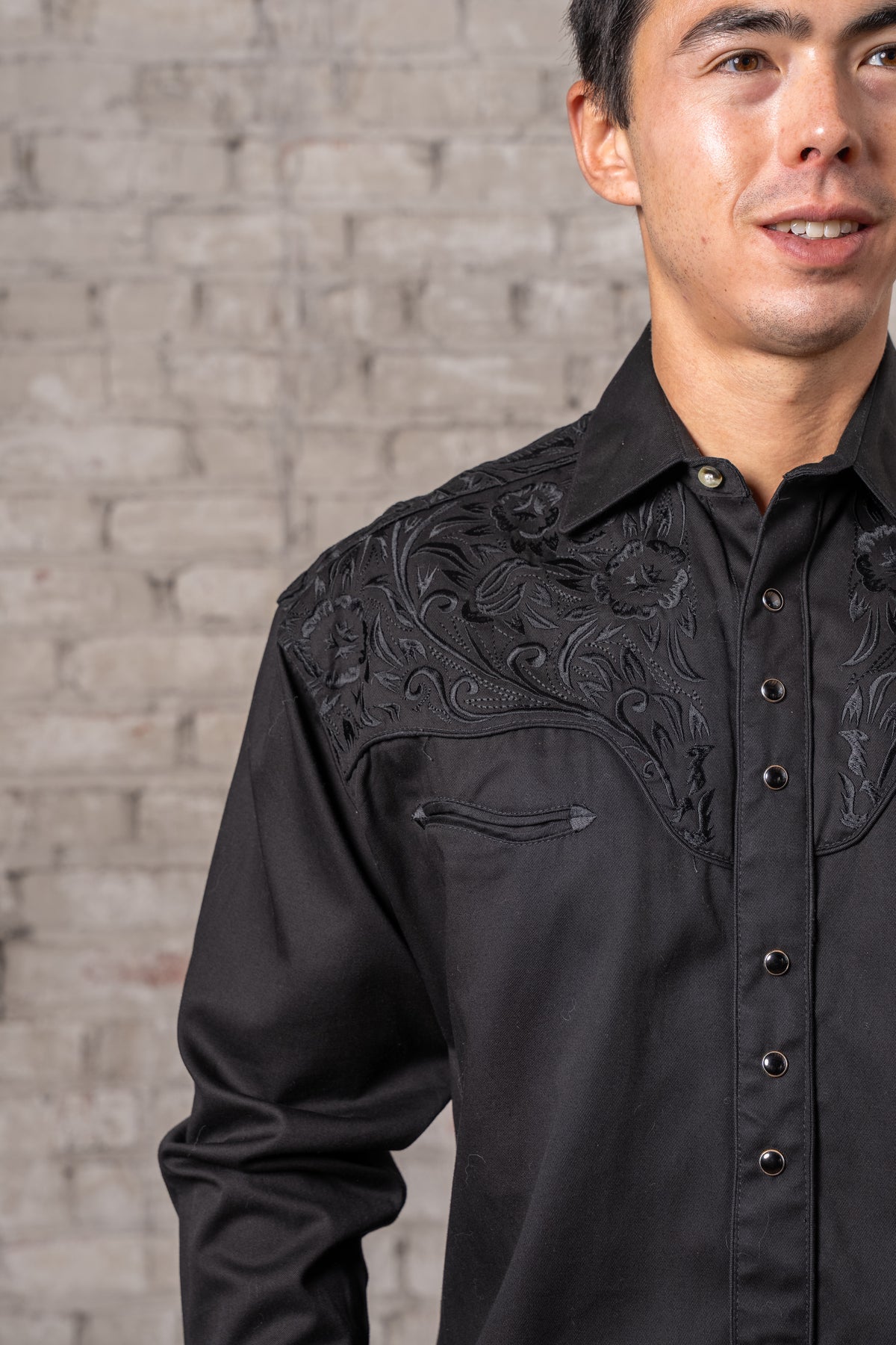 Men's Vintage Black-on-Black Tooling Embroidered Western Shirt by Rockmount Ranch Wear with floral embroidered detail