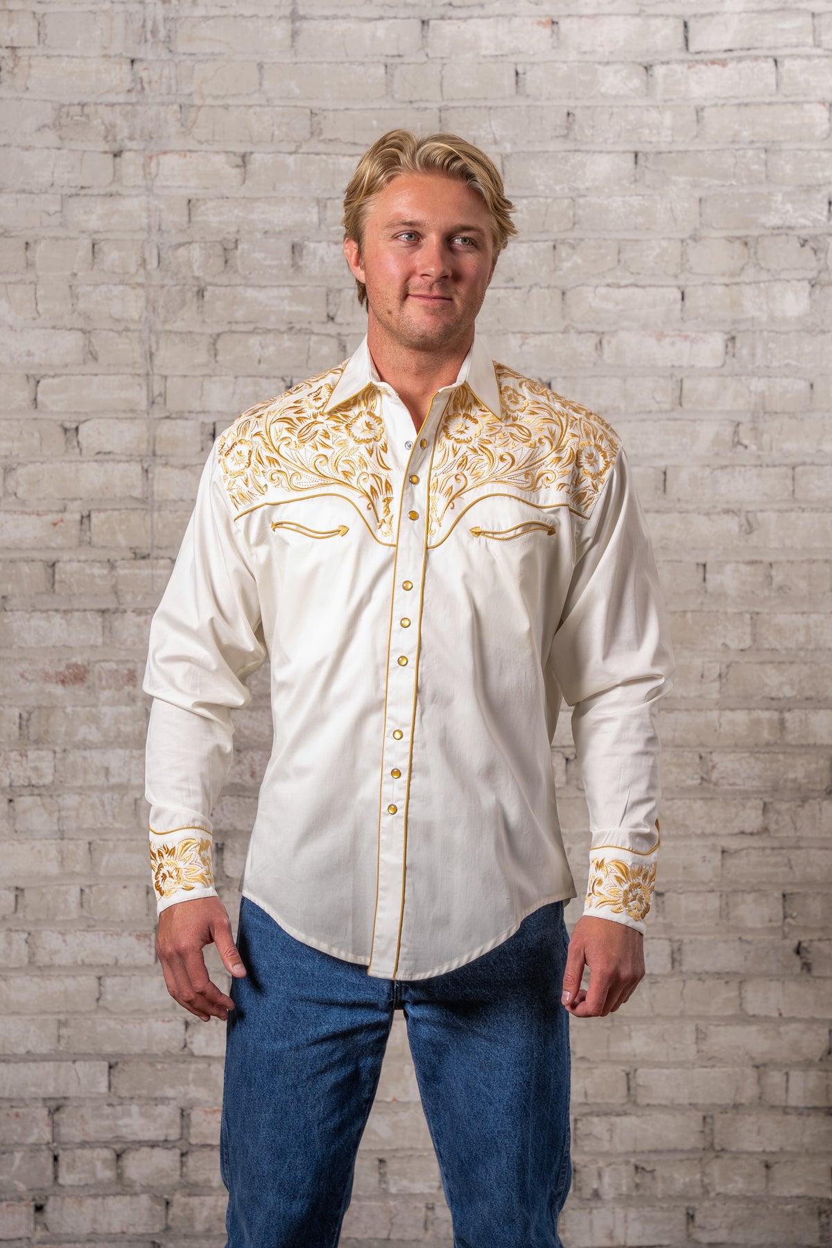 Men's Vintage Ivory and Gold Tooling Embroidered Western Shirt by Rockmount Ranch Wear with floral embroidery