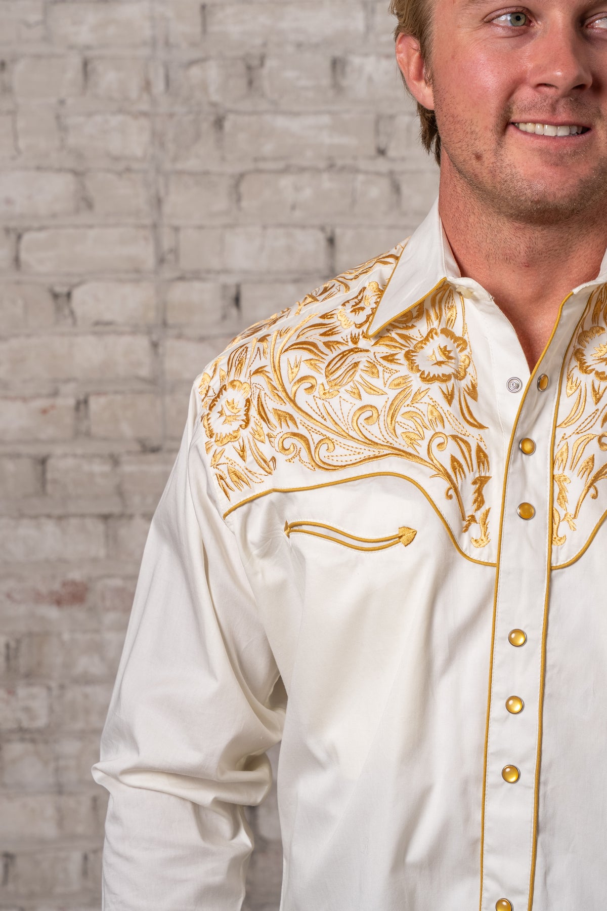Men's Vintage Ivory and Gold Tooling Embroidered Western Shirt by Rockmount Ranch Wear, floral embroidered