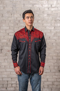 Men's Vintage Black Red Tooling Embroidered Western Shirt by Rockmount Ranch Wear with floral embroidered fringe