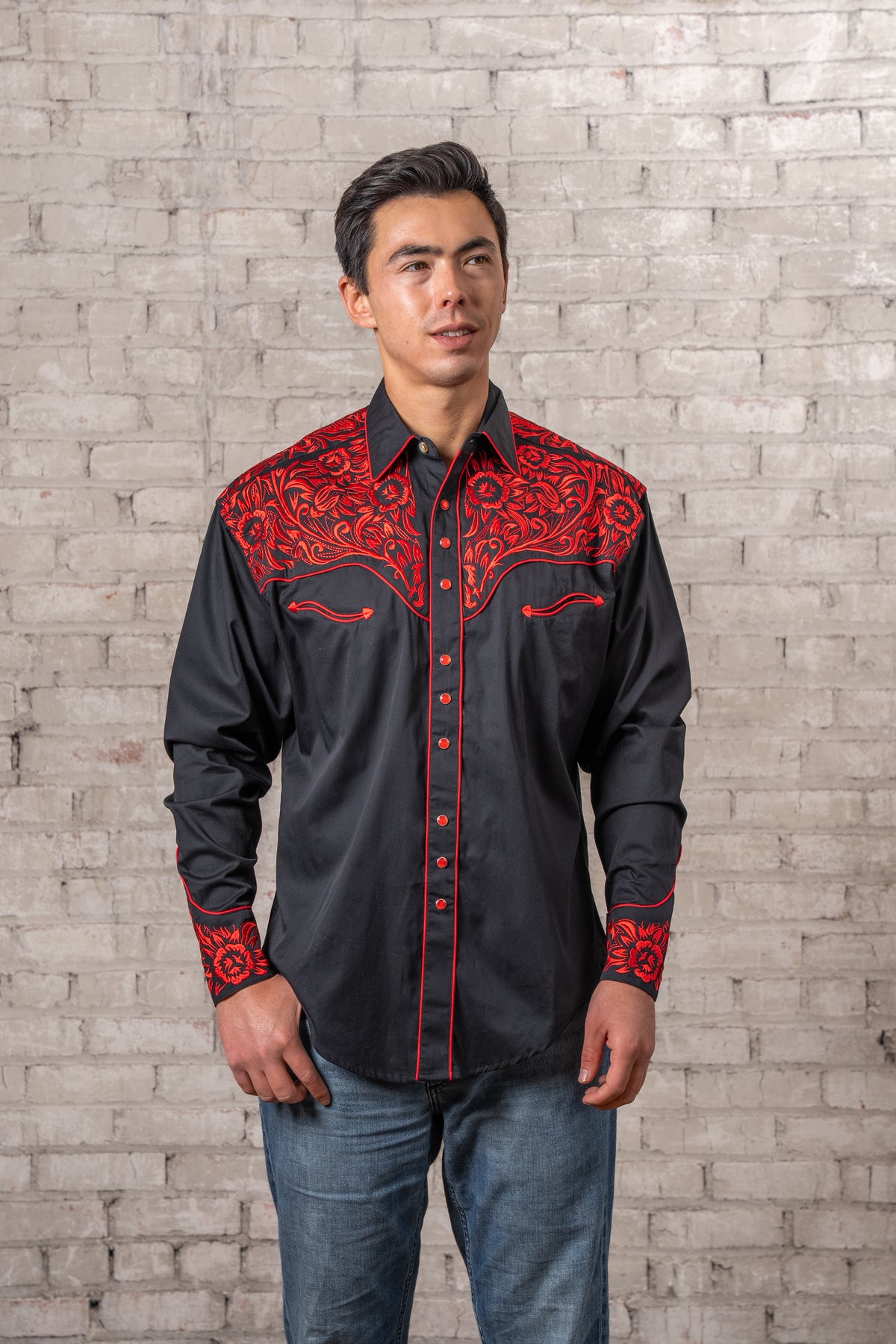 Men's Vintage Black Red Tooling Embroidered Western Shirt by Rockmount Ranch Wear with floral embroidered fringe