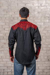 Men's Vintage Black Red Tooling Embroidered Western Shirt by Rockmount Ranch Wear with floral embroidery and fringe