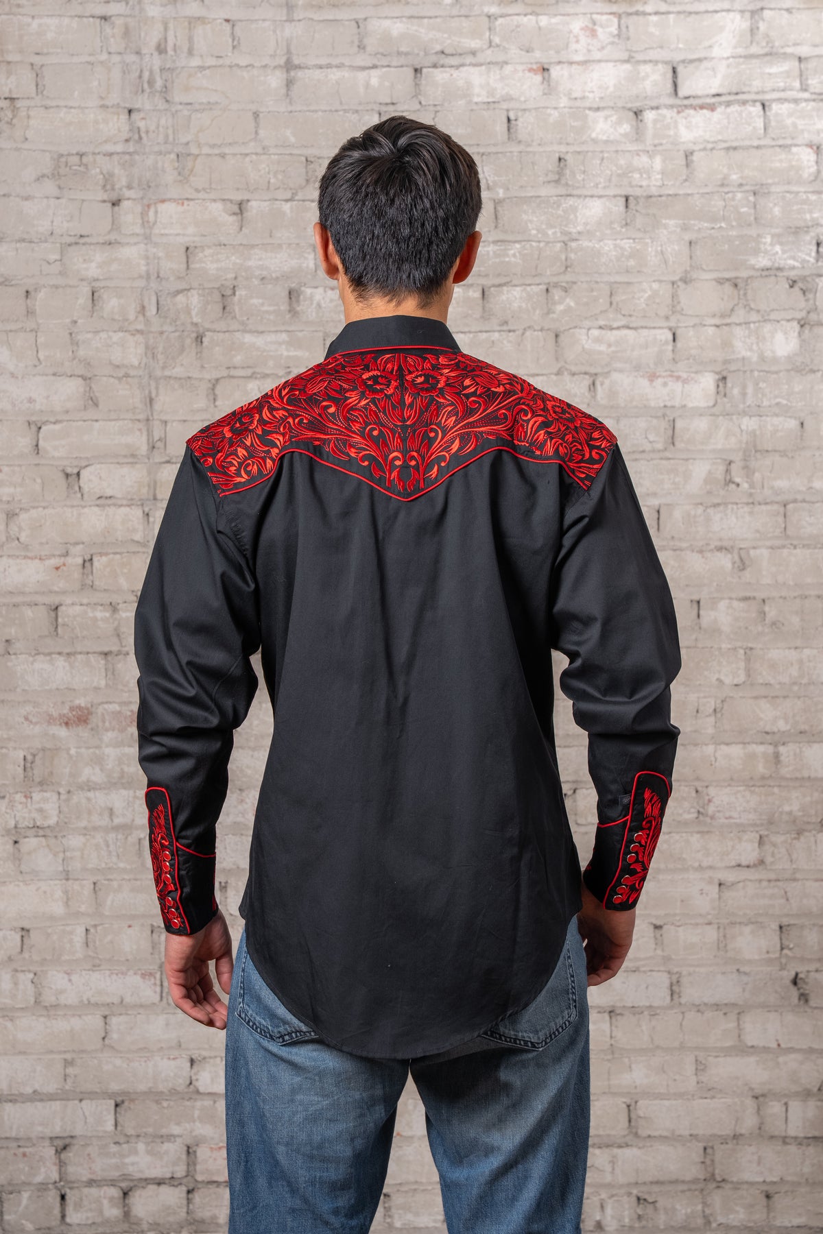Men's Vintage Black Red Tooling Embroidered Western Shirt by Rockmount Ranch Wear with floral embroidery and fringe