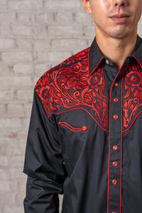 Men's Vintage Black and Red Tooling Embroidered Western Shirt by Rockmount Ranch Wear with floral embroidery