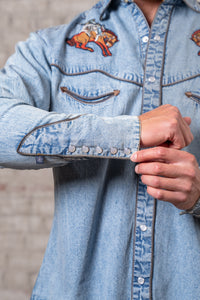 Men's Denim Iconic Bronc Embroidery Western Shirt by Rockmount Ranch Wear in vintage denim with snap button cuffs