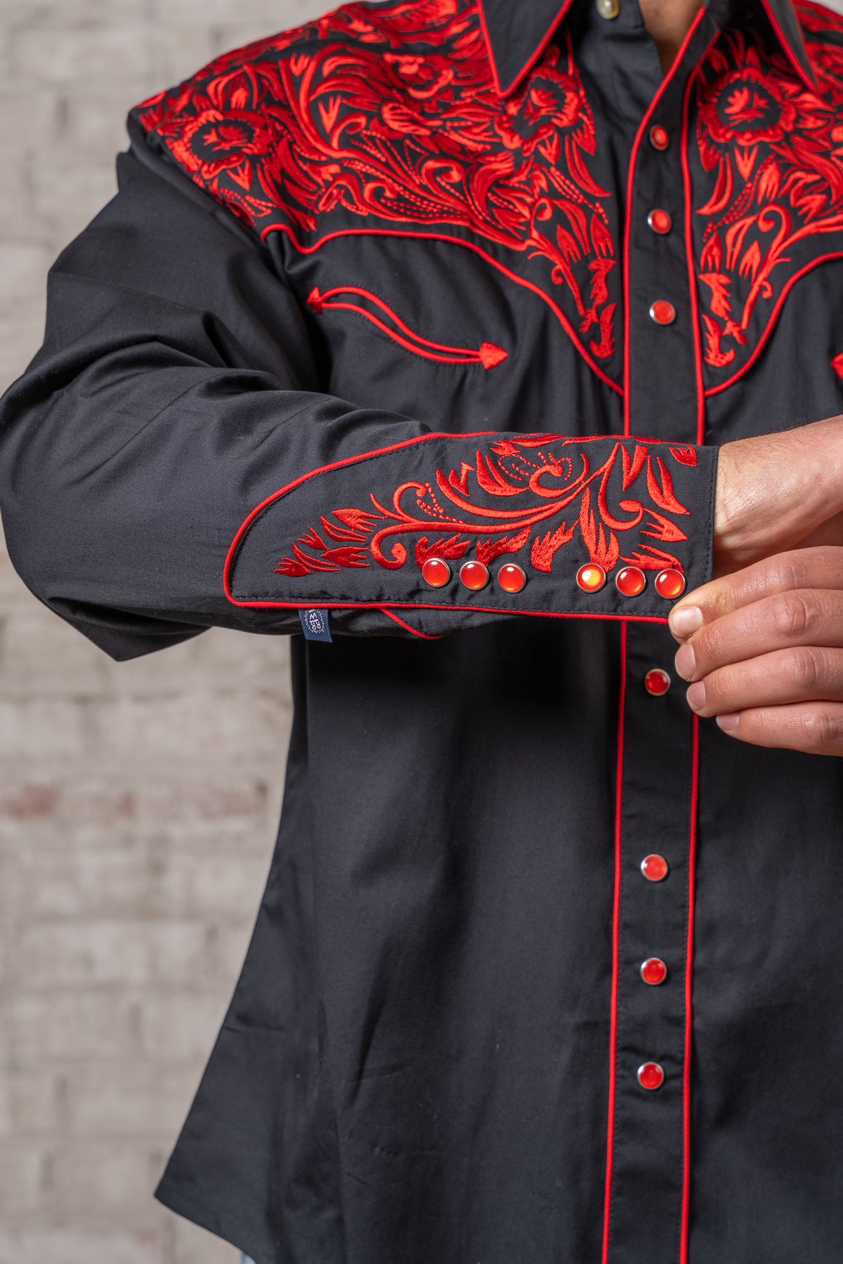 Men's Vintage Black and Red Tooling Embroidered Western Shirt by Rockmount Ranch Wear with floral embroidery