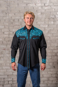 Men's Vintage Black and Turquoise Tooling Embroidered Western Shirt by Rockmount Ranch Wear with floral embroidered yoke