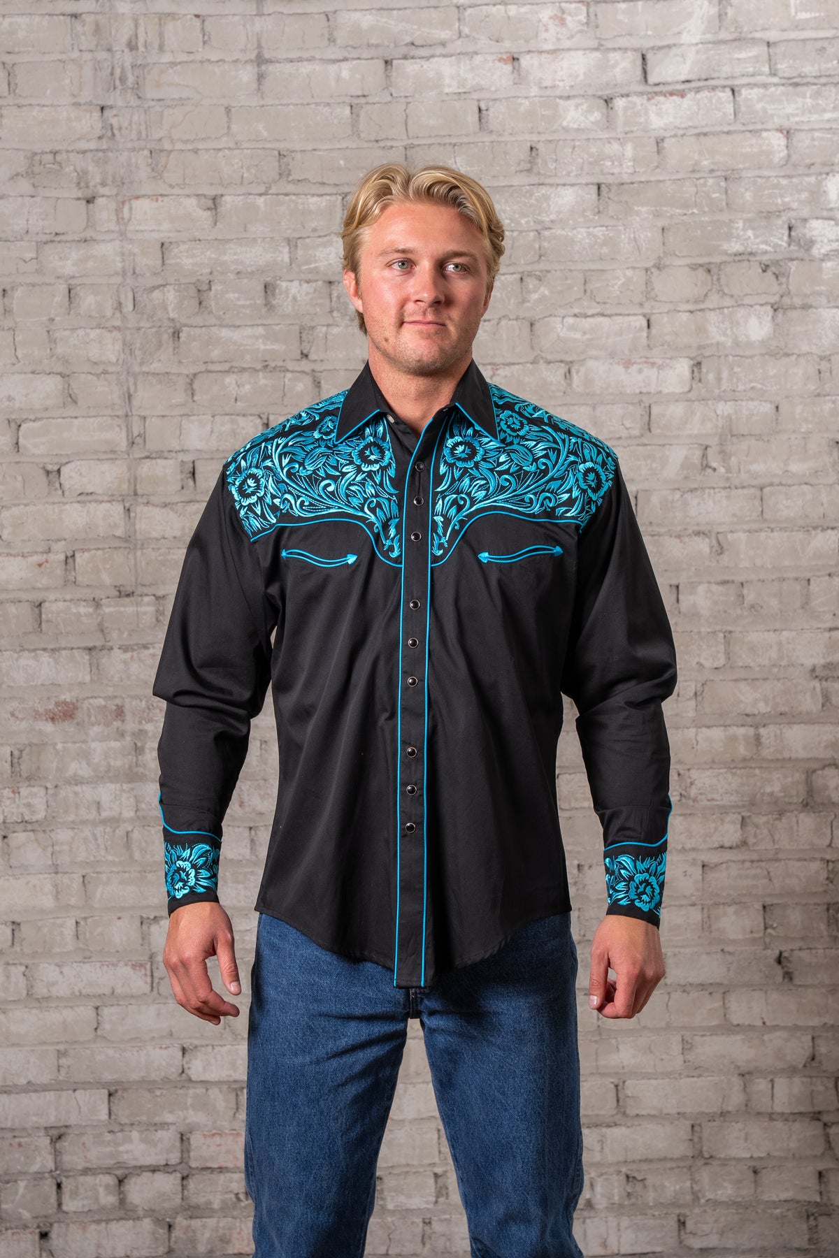 Men's Vintage Black and Turquoise Tooling Embroidered Western Shirt by Rockmount Ranch Wear with floral embroidered yoke