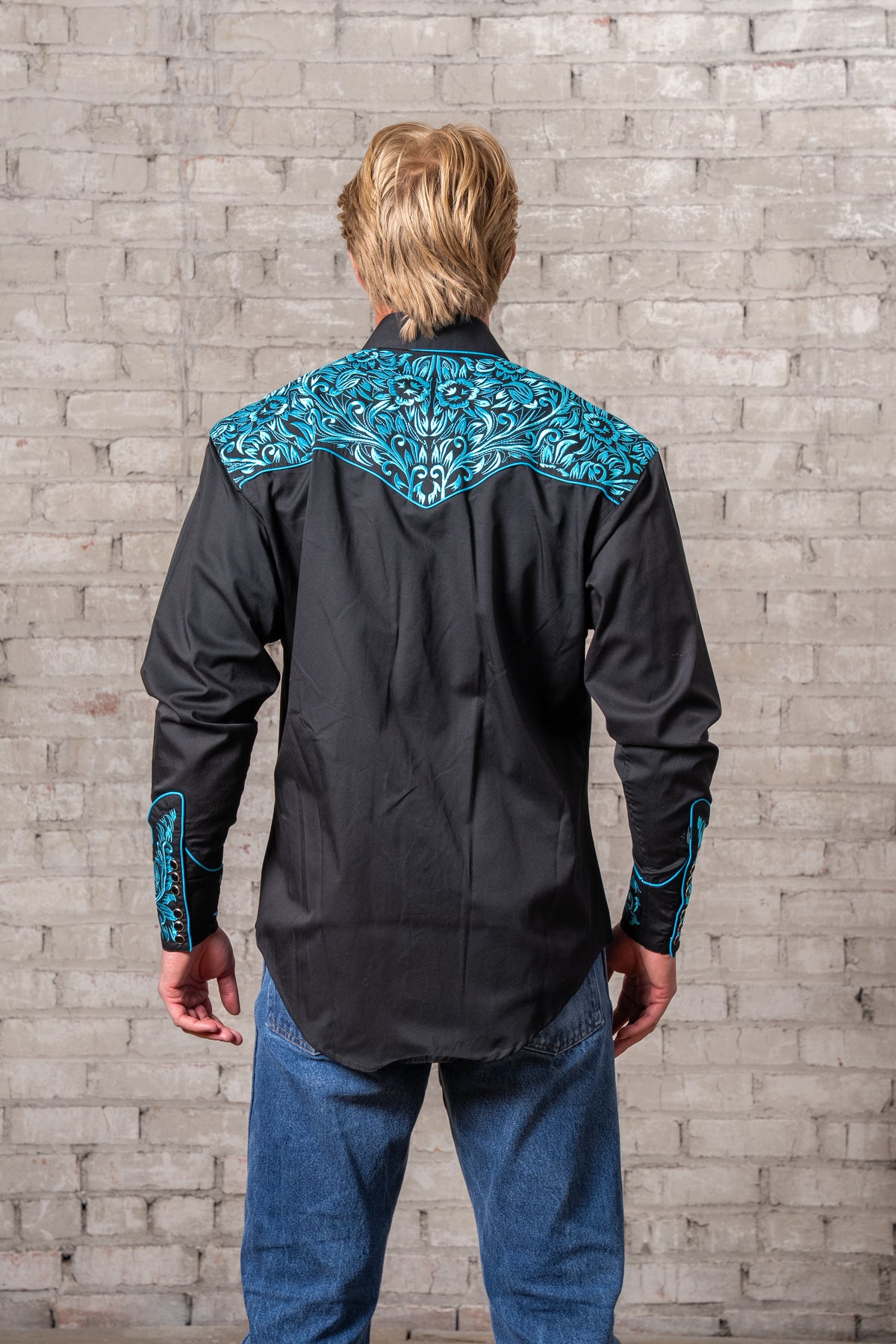 Men's Vintage Black Turquoise Tooling Embroidered Western Shirt by Rockmount Ranch Wear with floral embroidered yoke