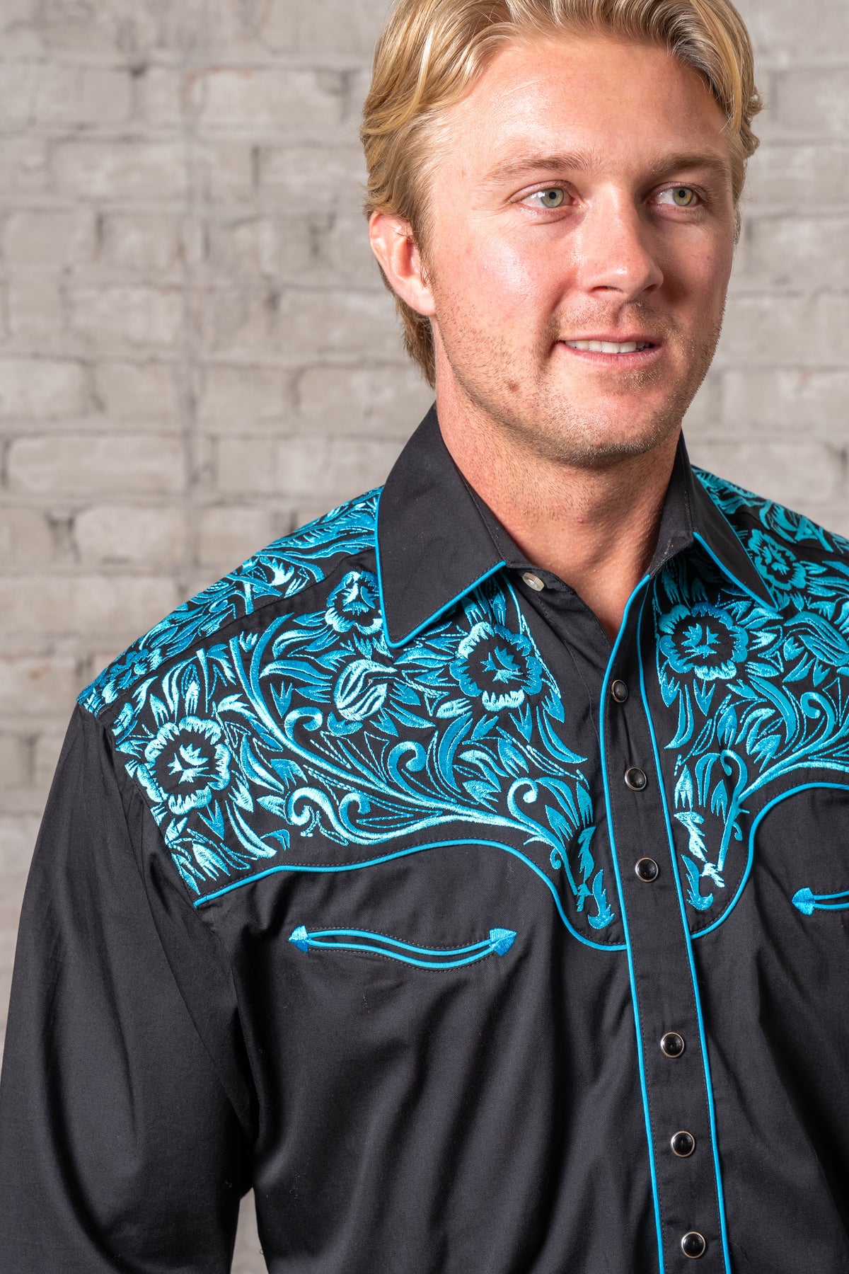 Men's Vintage Black Turquoise Tooling Embroidered Western Shirt by Rockmount Ranch Wear with floral fringe
