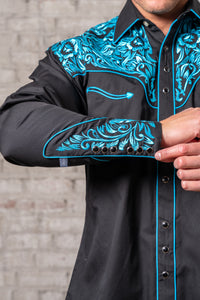 Men's Vintage Black Turquoise Tooling Embroidered Western Shirt by Rockmount Ranch Wear with floral fringe