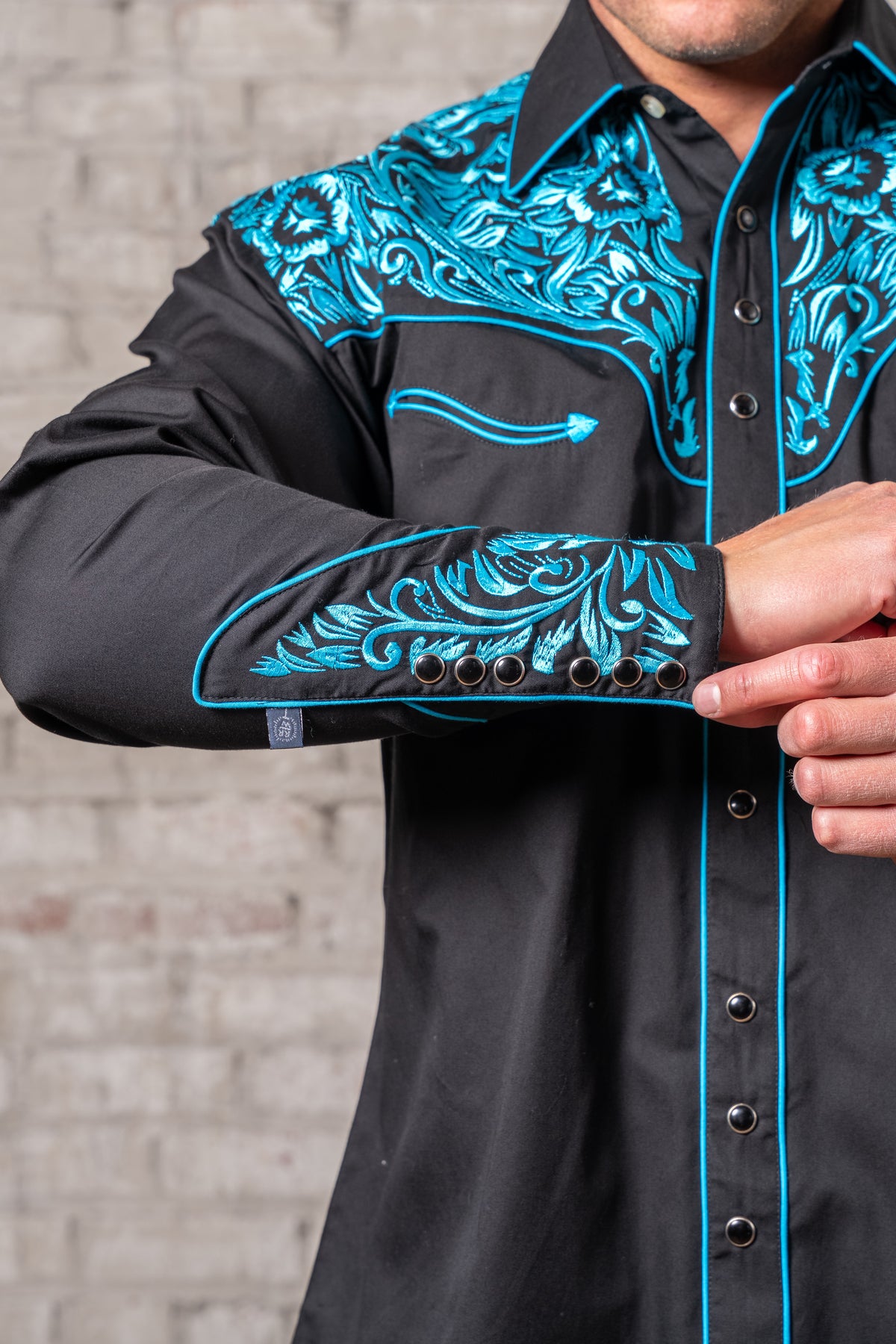 Men's Vintage Black Turquoise Tooling Embroidered Western Shirt by Rockmount Ranch Wear with floral fringe