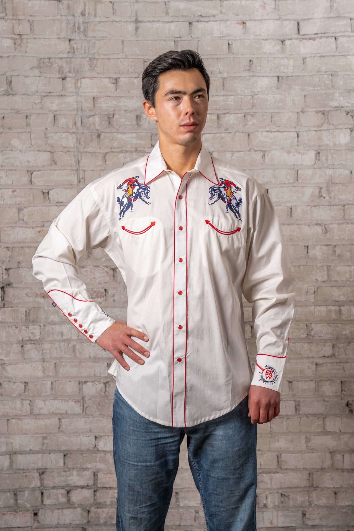 Men's Rockmount Vintage Ivory Bronc Embroidered Western Shirt by Rockmount Ranch Wear with embroidered western shirt