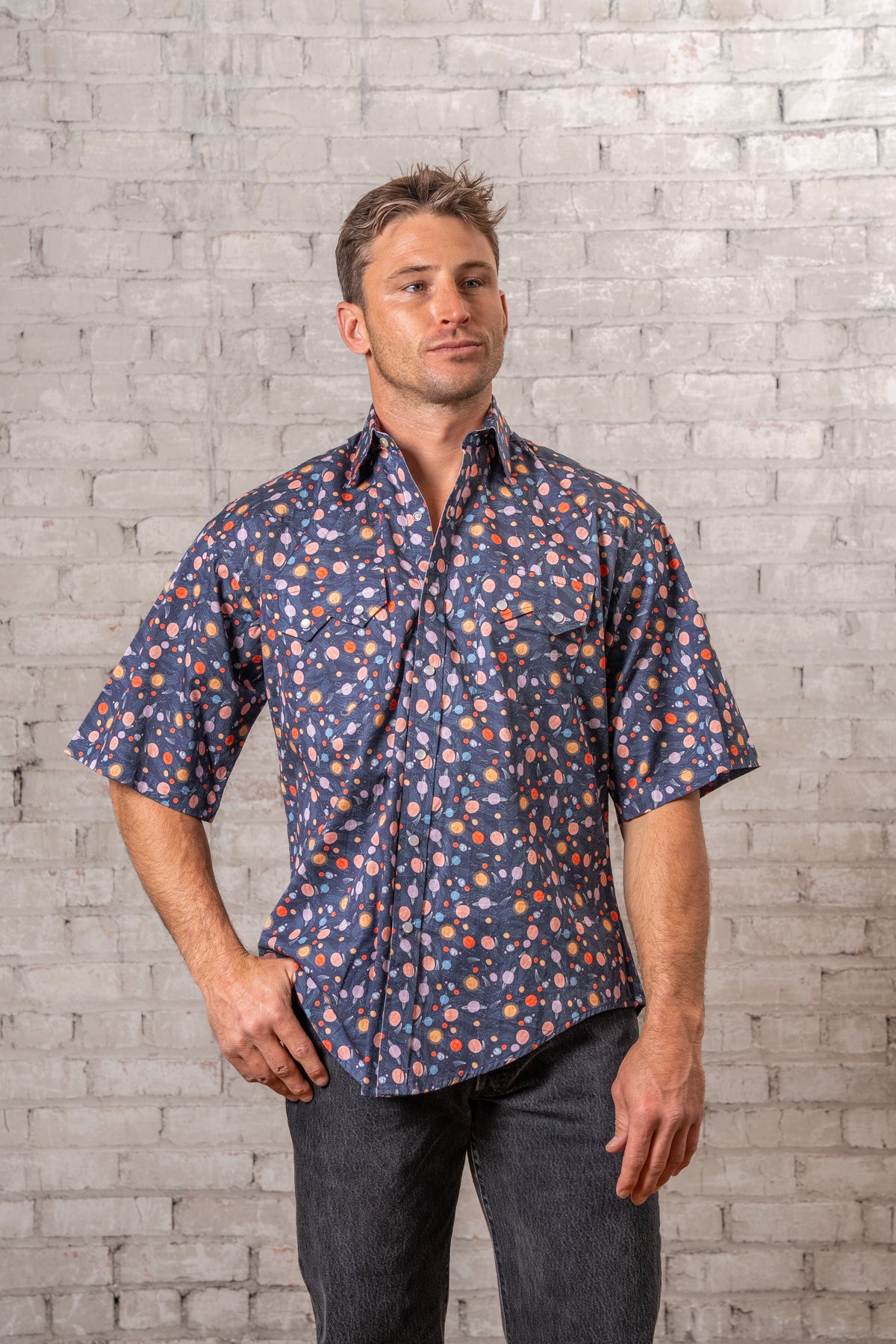 Men's Solar System Short Sleeve Print Western Shirt in Navy by Rockmount Ranch Wear with 100 percent cotton fabric