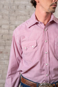 Men's Fine Burgundy Stripe Western Shirt Rockmount Ranch Wear with sawtooth pocket design and diamond snap closure