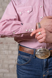 Men's Fine Burgundy Stripe Western Shirt by Rockmount Ranch Wear with diamond snap closure design