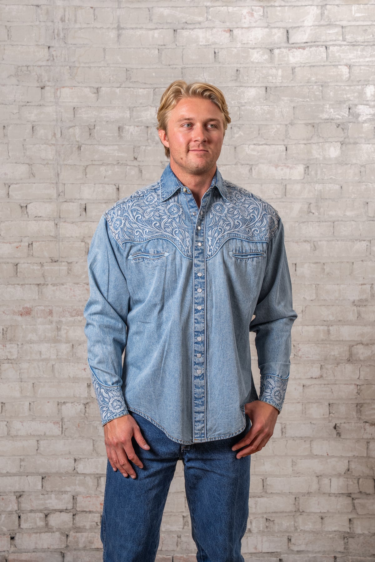 Men's Vintage Denim Western Shirt Rockmount Ranch Wear in blue with embroidered floral tooling and snap cuffs