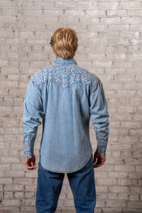 Men's Vintage Denim Western Shirt by Rockmount Ranch Wear in blue with embroidered western yoke and snap cuffs