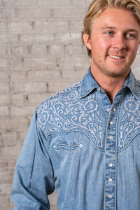 Men's Vintage Denim Blue Tooling Embroidery Western Shirt by Rockmount Ranch Wear in vintage denim with floral embroidery