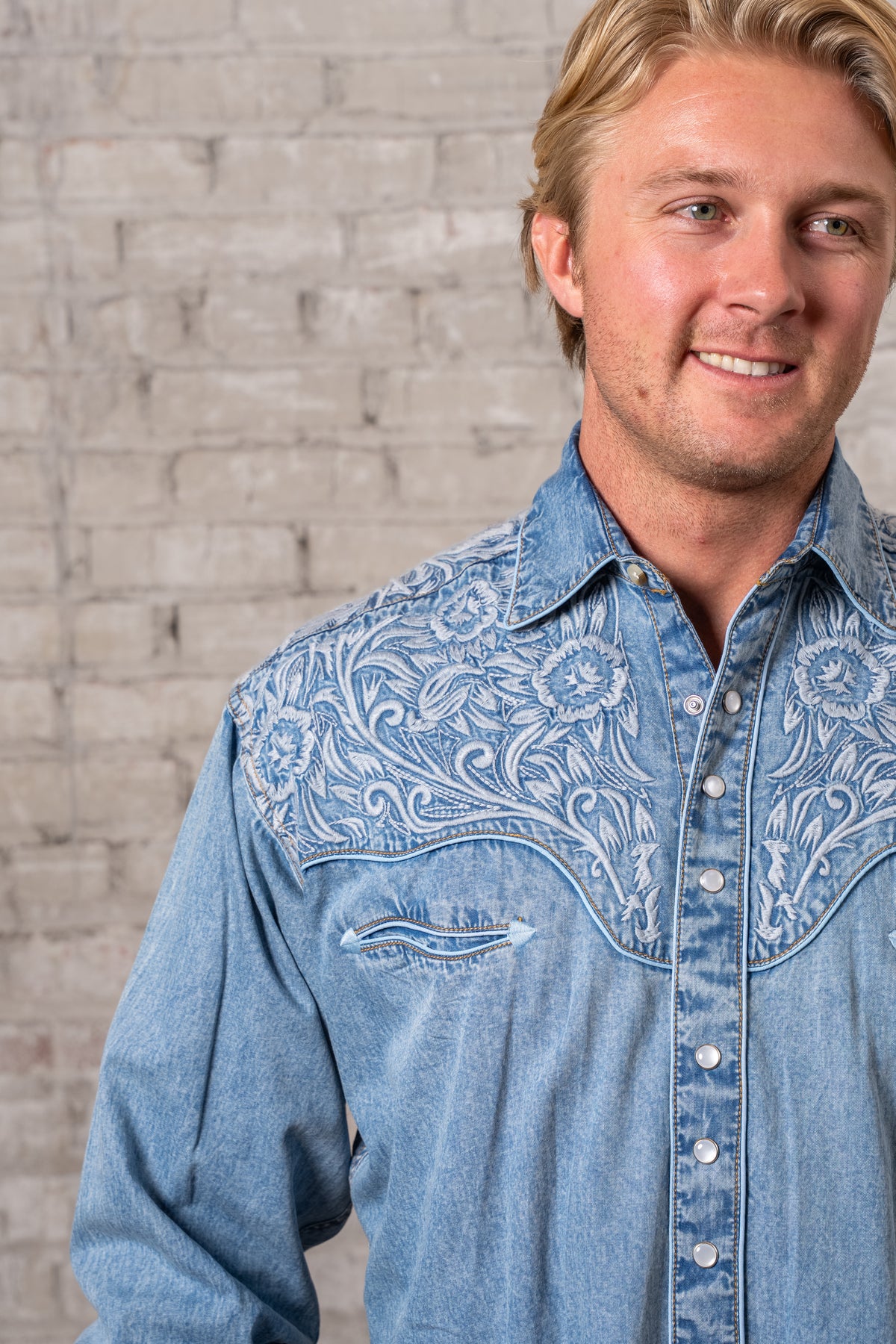 Men's Vintage Denim Blue Tooling Embroidery Western Shirt by Rockmount Ranch Wear in vintage denim with floral embroidery