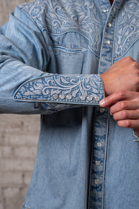 Men's Vintage Denim Blue Tooling Embroidery Western Shirt by Rockmount Ranch Wear in vintage denim with embroidered floral