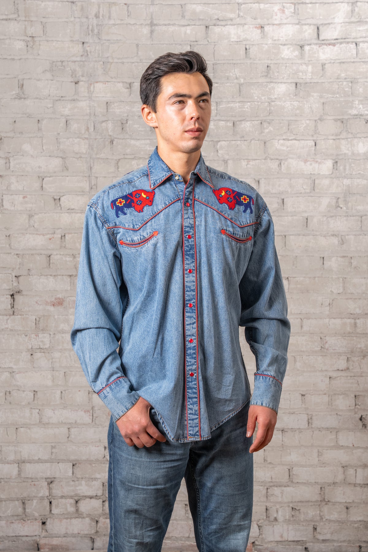Men's American Bison Denim Embroidered Western Shirt by Rockmount Ranch Wear in vintage denim with chenille embroidery