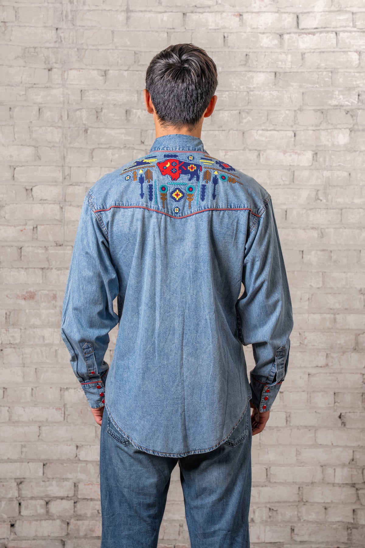 Men's American Bison Denim Embroidered Western Shirt by Rockmount Ranch Wear in vintage blue denim with chenille embroidery