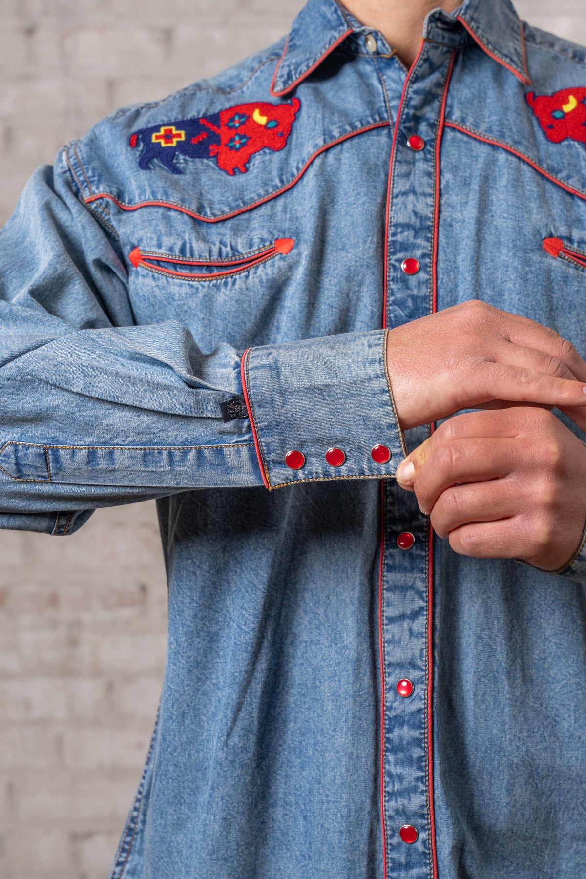 Men's American Bison Denim Embroidered Western Shirt by Rockmount Ranch Wear in vintage denim with chenille snaps