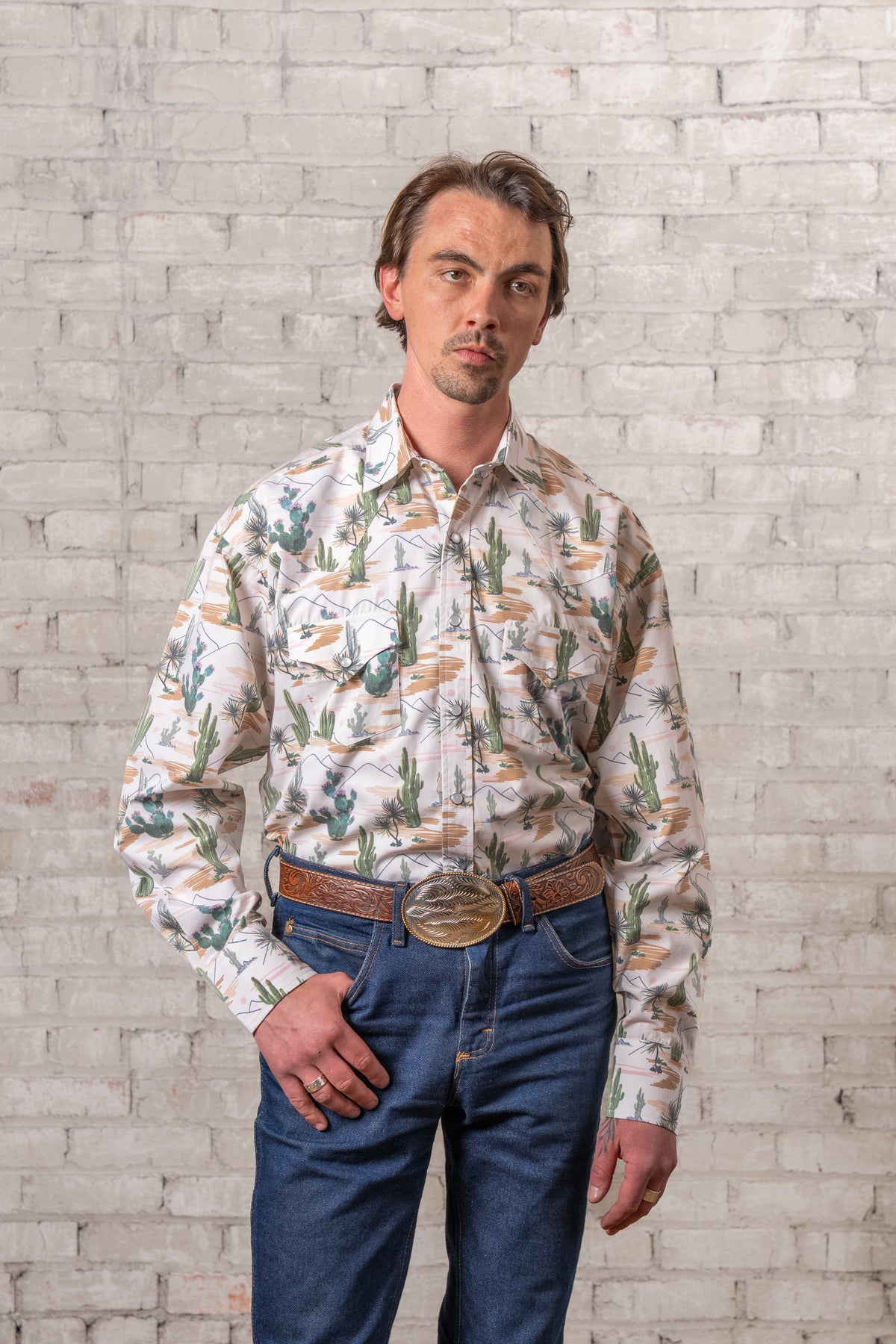 Men's Vintage Desert Cactus Print Western Shirt by Rockmount Ranch Wear, western shirt with snap pockets