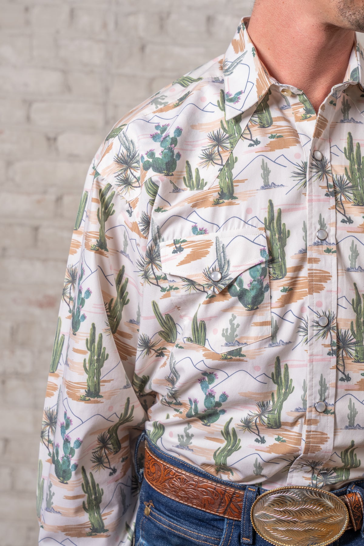 Men's Vintage Desert Cactus Print Western Shirt by Rockmount Ranch Wear with snap pockets and pearl snaps