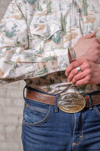 Men's Vintage Desert Cactus Print Western Shirt by Rockmount Ranch Wear with sawtooth pocket and pearl snaps