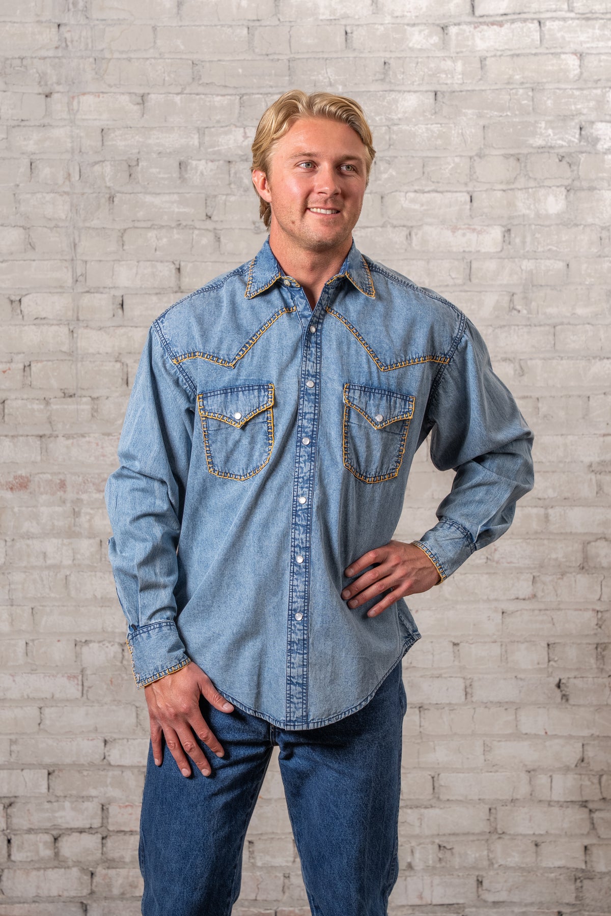 Men's Stonewashed Denim Blanket Stitch Western Shirt by Rockmount Ranch Wear in vintage denim with western shirt embroidery