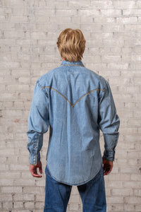 Men's Stonewashed Denim Blanket Stitch Western Shirt by Rockmount Ranch Wear in vintage blue with western yoke embroidery