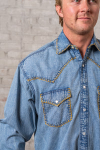 Men's Stonewashed Denim Blanket Stitch Western Shirt Rockmount Ranch Wear in vintage denim with western shirt embroidery