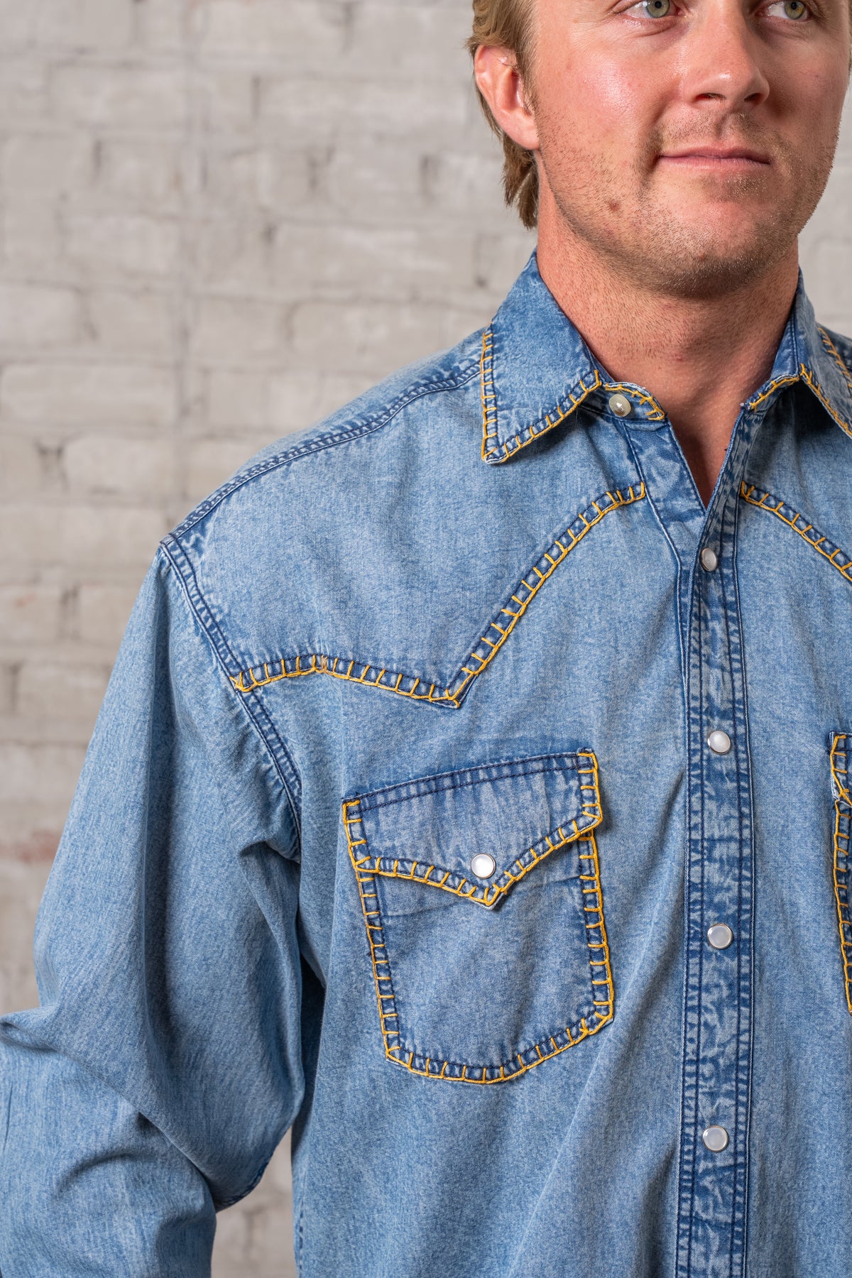 Men's Stonewashed Denim Blanket Stitch Western Shirt Rockmount Ranch Wear in vintage denim with western shirt embroidery