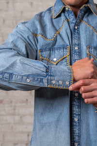Men's Stonewashed Denim Blanket Stitch Western Shirt by Rockmount Ranch Wear in vintage blue denim with blanket-stitch details