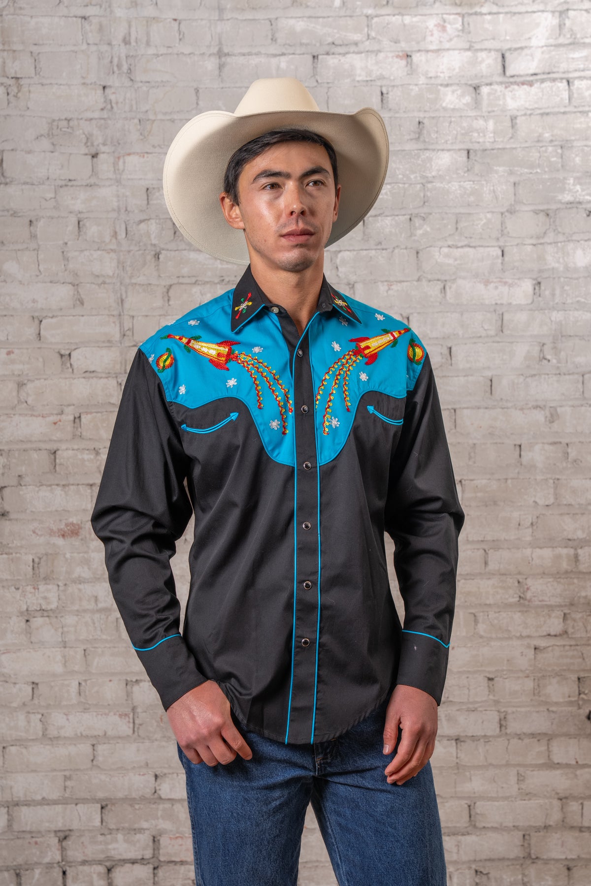Men's 2-Tone Space Cowboy Embroidered Western Shirt by Rockmount Ranch Wear with vintage fringe