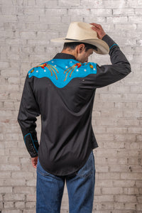 Men's 2-Tone Space Cowboy Embroidered Western Shirt by Rockmount Ranch Wear with floral embroidered design