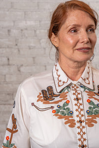Women's Vintage Ivory Cactus Cowgirl Boots Embroidered Western Shirt by Rockmount Ranch Wear, hand chenille floral