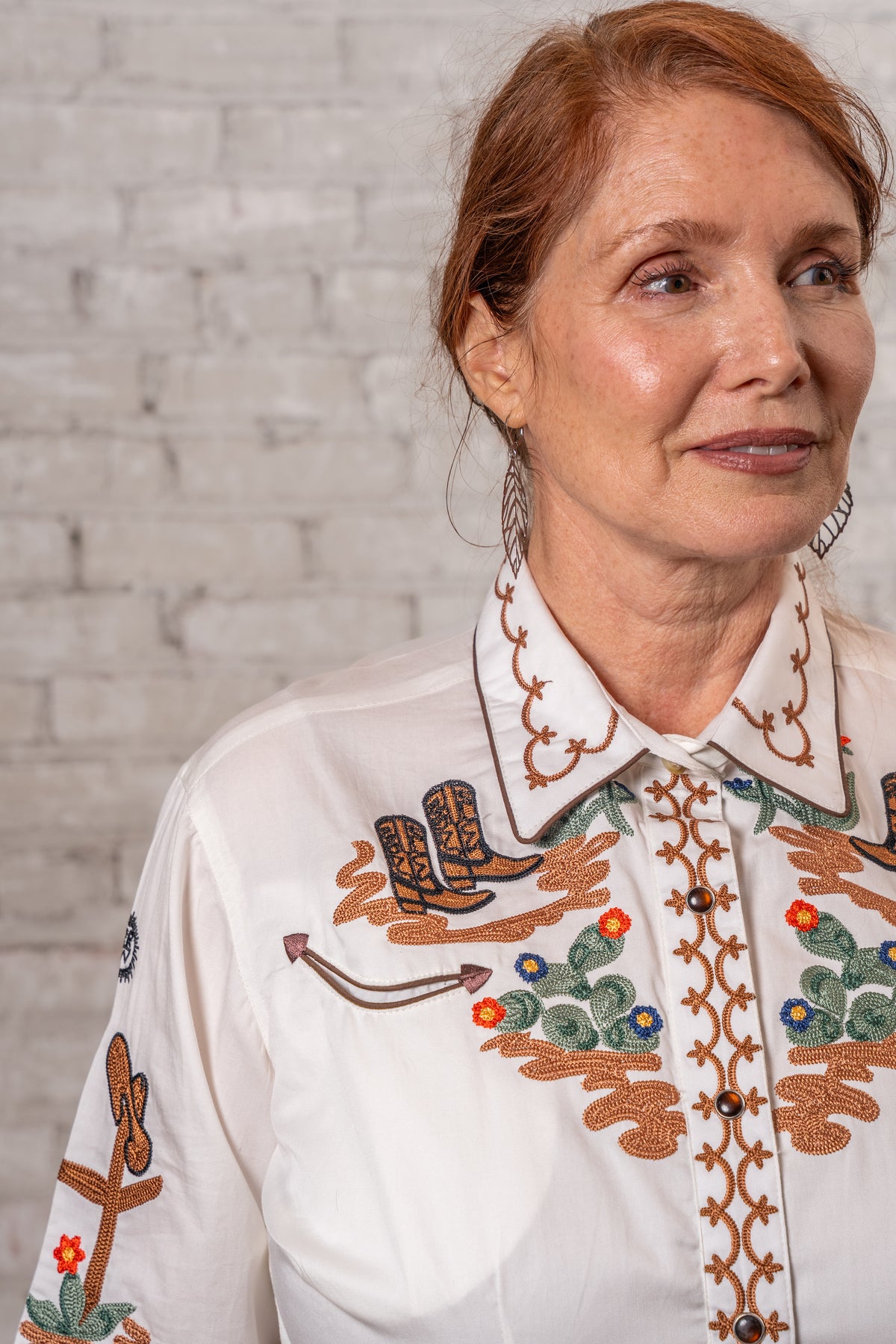 Women's Vintage Ivory Cactus Cowgirl Boots Embroidered Western Shirt by Rockmount Ranch Wear, hand chenille floral