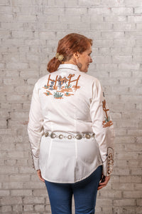 Women's Vintage Ivory Cactus Cowgirl Boots Embroidered Western Shirt by Rockmount Ranch Wear, vintage western shirt