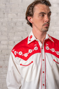 Men's 2 Tone Elvis Loving You Floral Embroidery Western Shirt by Rockmount Ranch Wear with embroidered floral trim