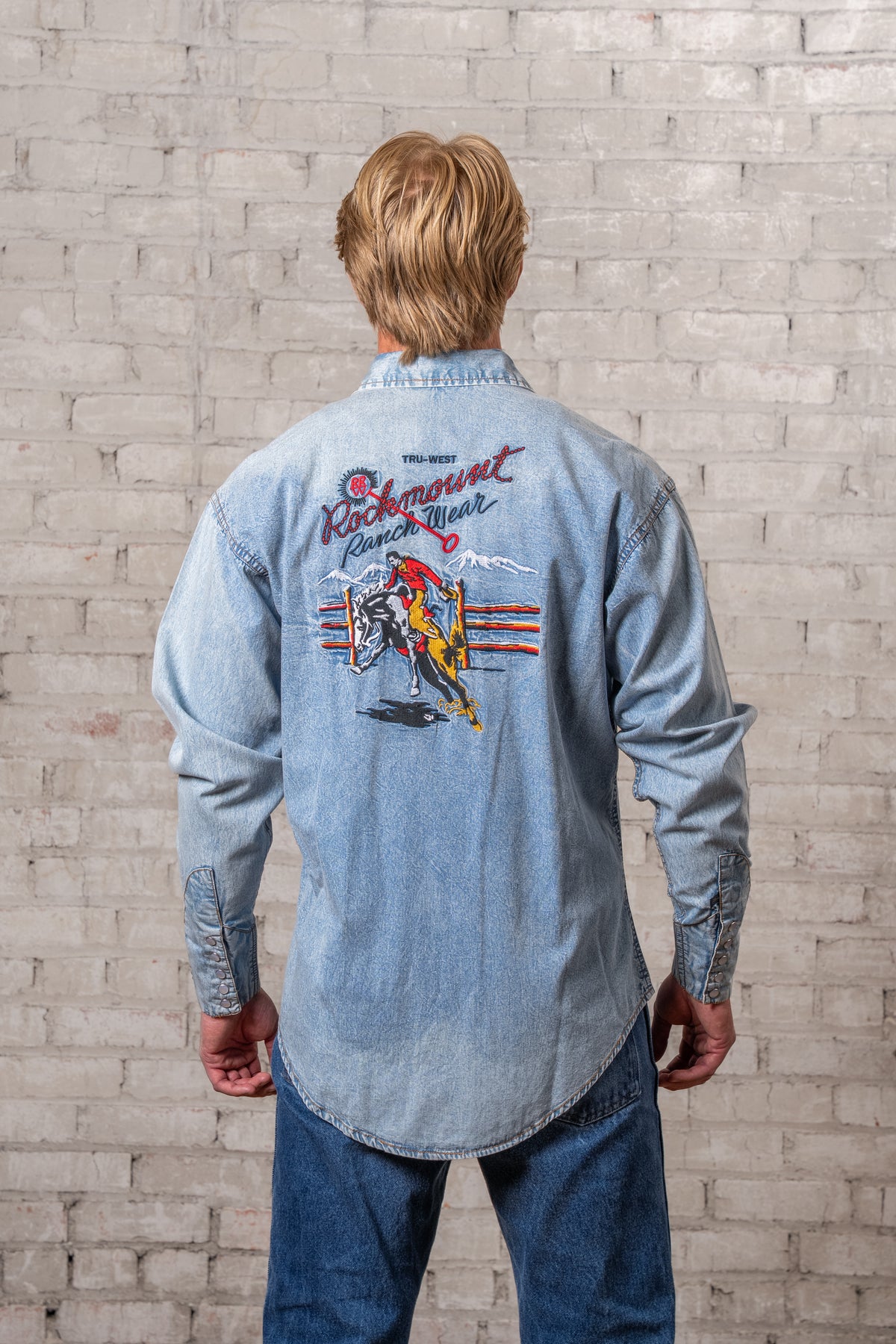 Men's Rockmount Vintage Denim Bronc Embroidered Western Shirt by Rockmount Ranch Wear in blue denim with bronc embroidery