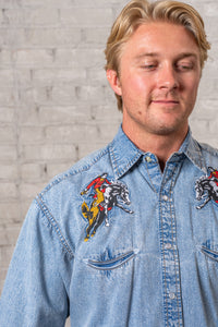 Men's Rockmount Vintage Denim Bronc Embroidered Western Shirt by Rockmount Ranch Wear, western snap shirt